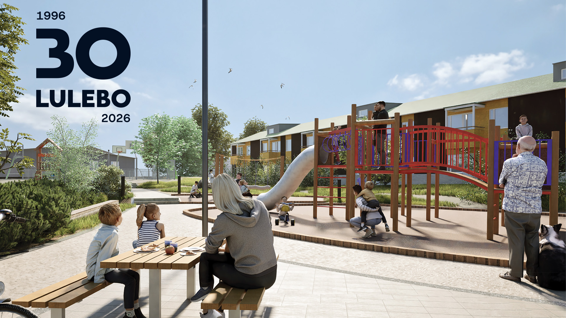 Illustration av den nya lekplatsen på Hertsön. Till vänster sitter en vuxen och två barn vid ett pi