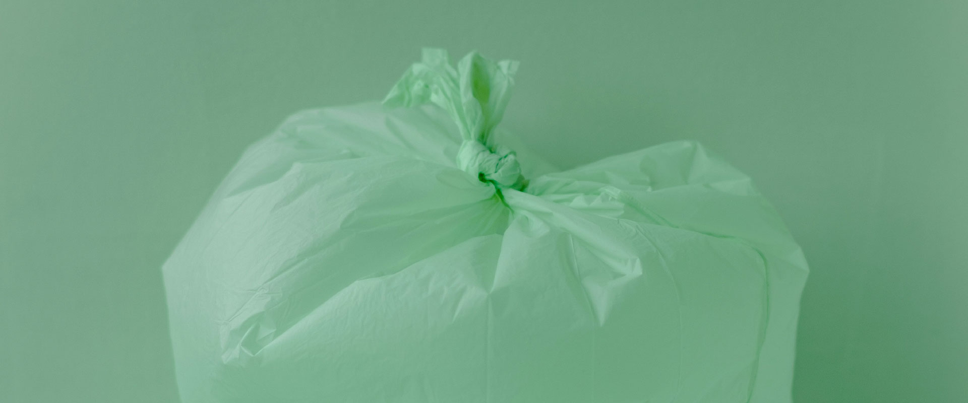 En bild på en uppblåst, knuten grön påse mot en grön bakgrund